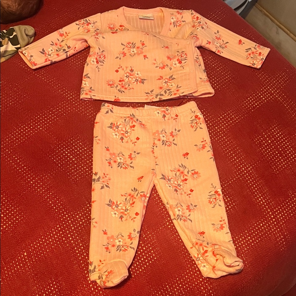6-9 MONTHS BABY GIRL LITTLE CHICKADEES FLORAL RIBBED PINK BABY GIRL SET
